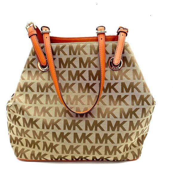 NEW MICHAEL Michael Kors Beige Tan Orange Signature Canvas & Leather Tote Large - Picture 16 of 16